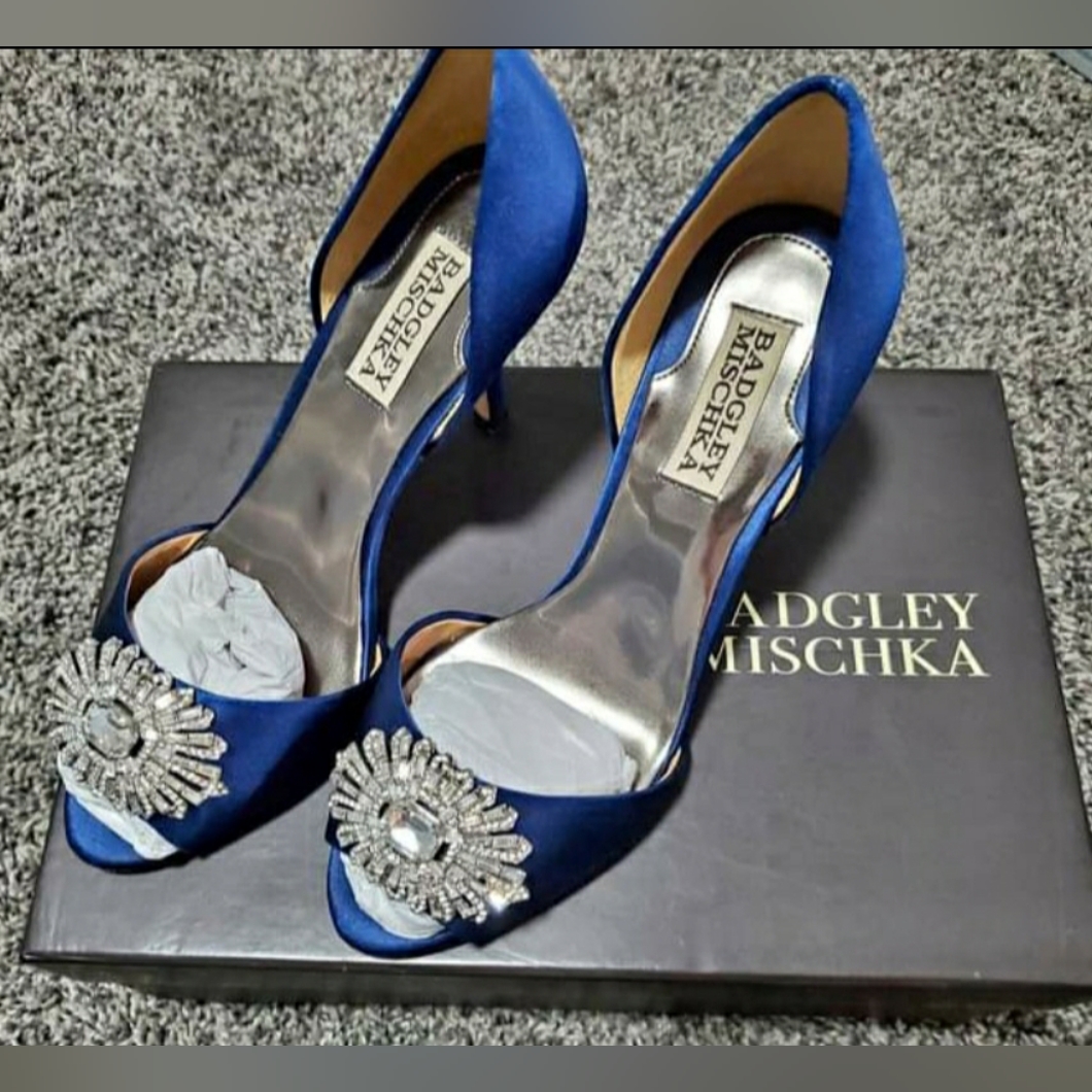 Badgley Michska Designer Blue Satin Diamond Heels Size 6